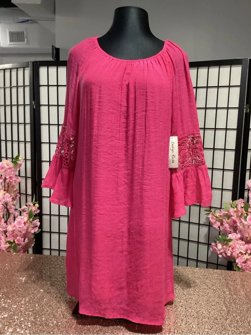 Bright Pink Women's Peasant Dress with Lace Bell Sleeves - Picture 2 of 7
